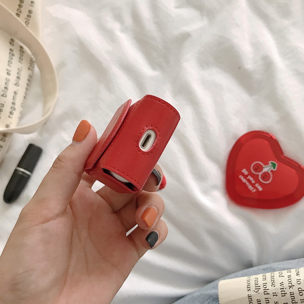 Capa de couro cereja para fones de ouvido, adequada para Apple Airpods 4 3 2 1 pro2 pro, à prova de poeira e com acabame