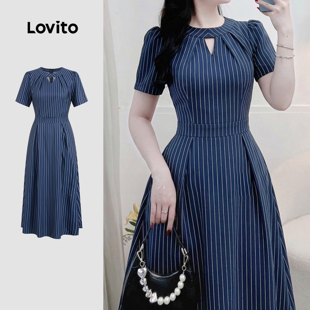 Lovito Vestido Elegante com Recorte e Zíper Vestido Azulmarinho de Primavera/ver