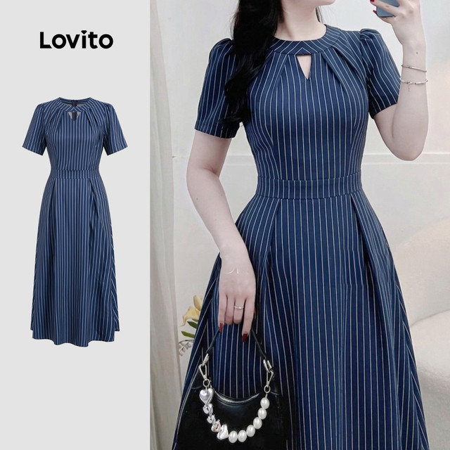 Lovito Vestido Elegante com Recorte e Zíper Vestido Azulmarinho de Primavera/verão para Mulheres LK6LD389