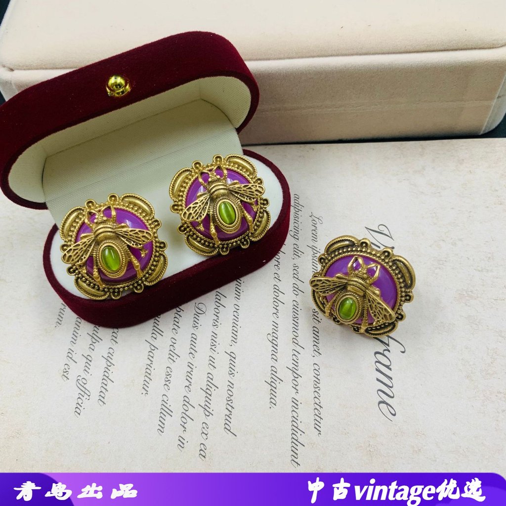 Medieval vintage antigo réplica marcação abelha roxa Real russo ouro 925 prata agulha anel clipe de orelha tridimensiona