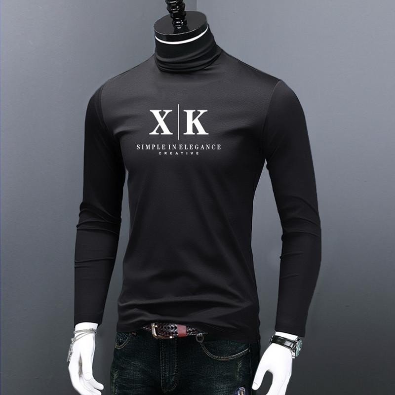 Camiseta masculina de outono camisa de fundo masculina de manga comprida fino ajuste mercerizado algodão na moda gola al