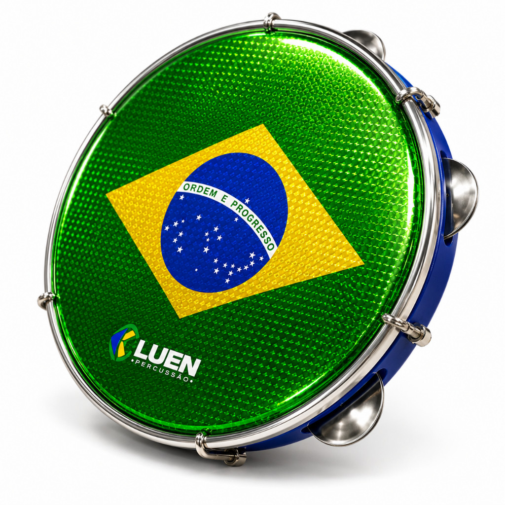 Pandeiro 10" ABS Platinela e Aro Inox Pele Bandeira Brasil Luen 40066
