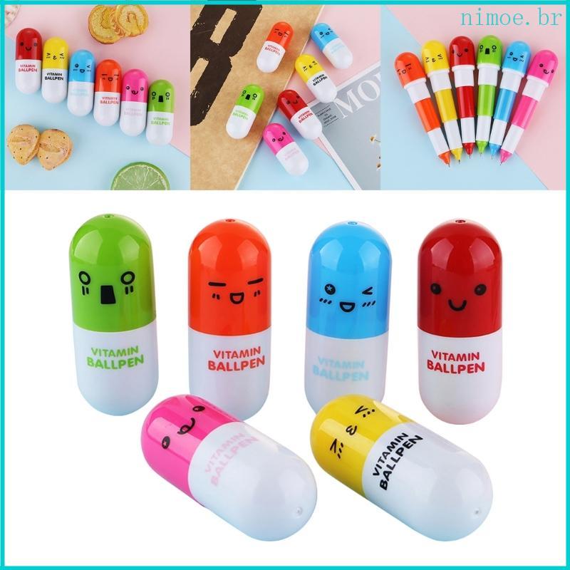 Conjunto Canetas Cápsula Vitamina Compacta E Fofa Nim-6 Esferográficas Formato Pílula Para Escrever Desen