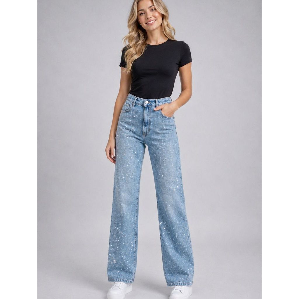Calça Jeans Feminina Wide Leg Azul com Strass Brilho Cintura Alta Tam 36 ao 46 — imagem 2 de 2