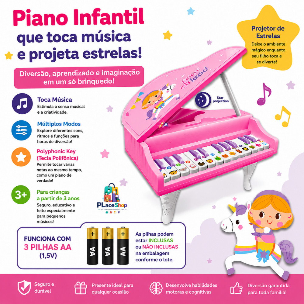 Piano Infantil Musical com Luzes e Sons – Teclado Educativo Infantil Rosa 🎶✨