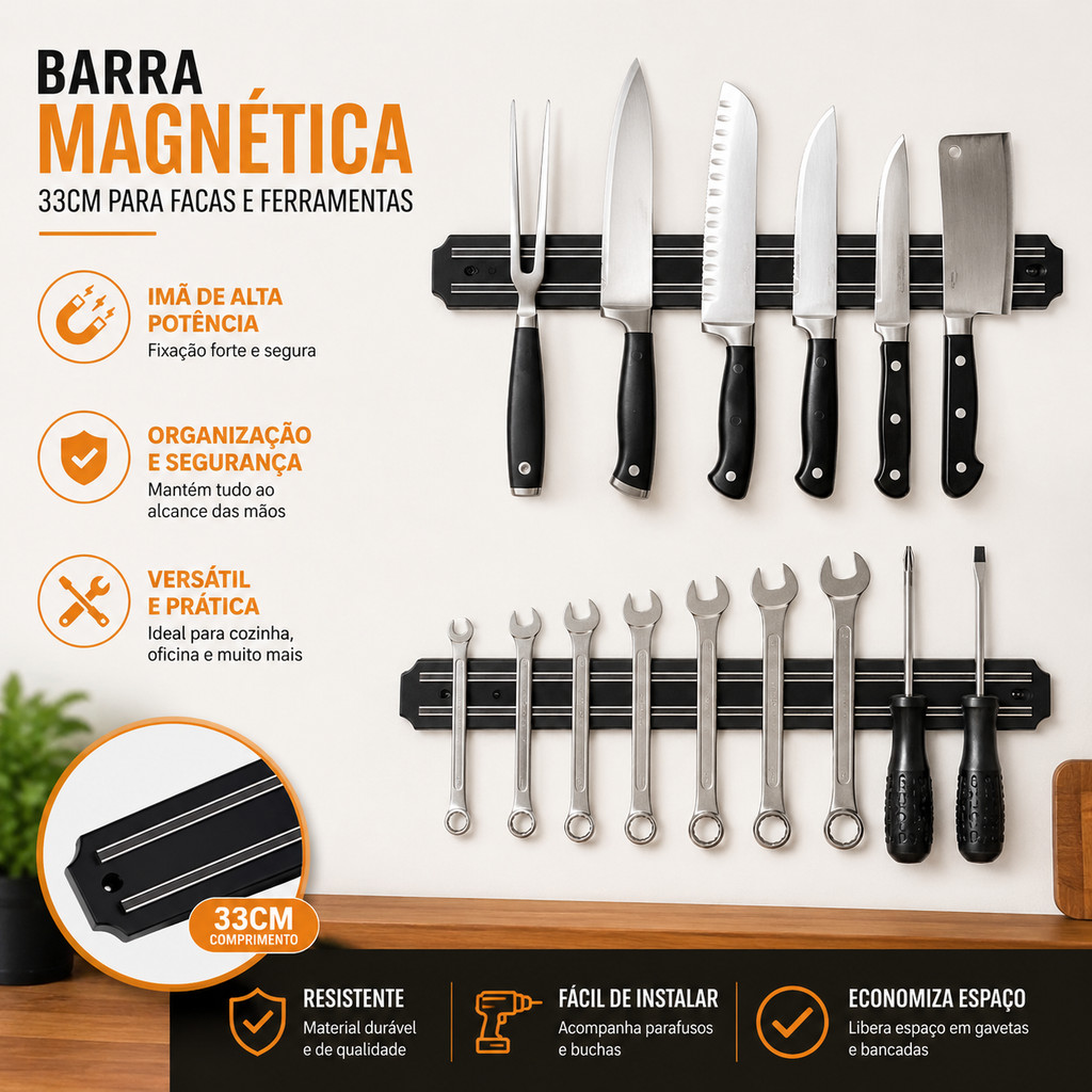 Barra Magnética Imã Facas Cozinha Churrasqueira 33/55cm