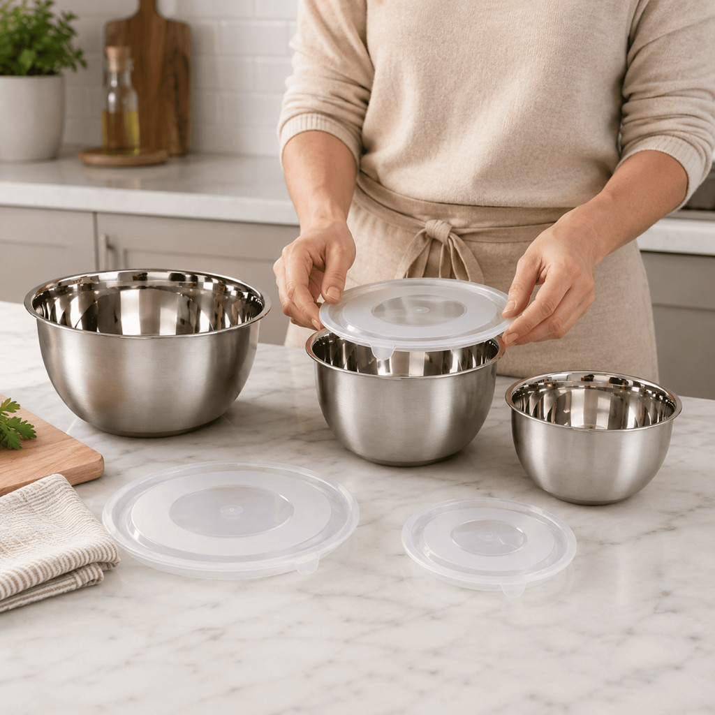 Kit 3 Tigelas Bowls Aço Inox Tampas Herméticas Saladeira Batedeira Cozinha Bolo Massas CHEF D