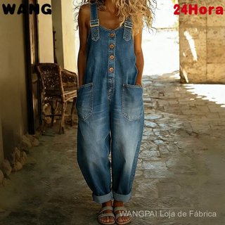 Macacão de Denim Vintage Feminino, Solto, com Fivela Ajustável e Efeito Desgastado