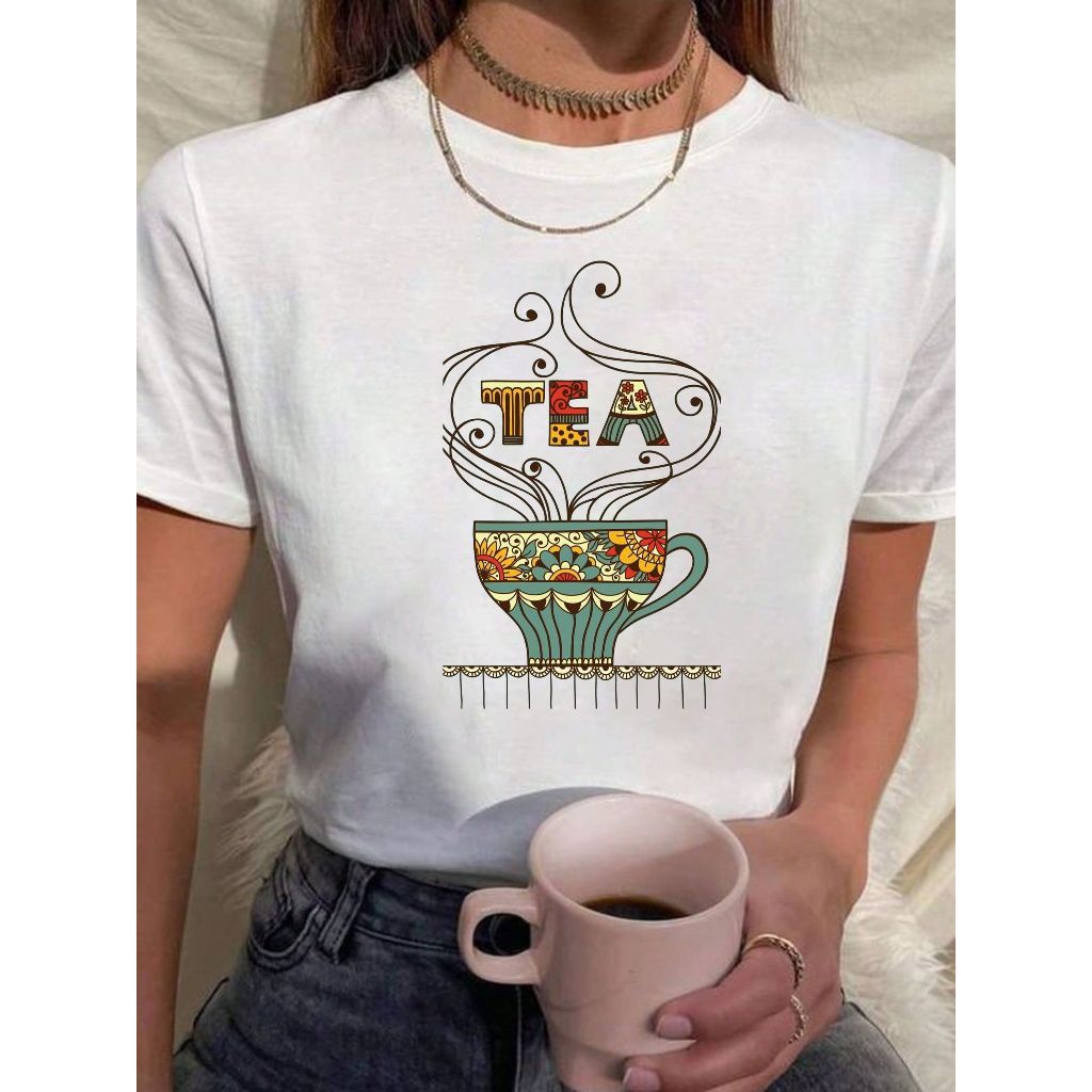 Roupa Feminina Delicada Estilosa Estampa TEA E Café camiseta Minimalista Tecido Confortável Algodão