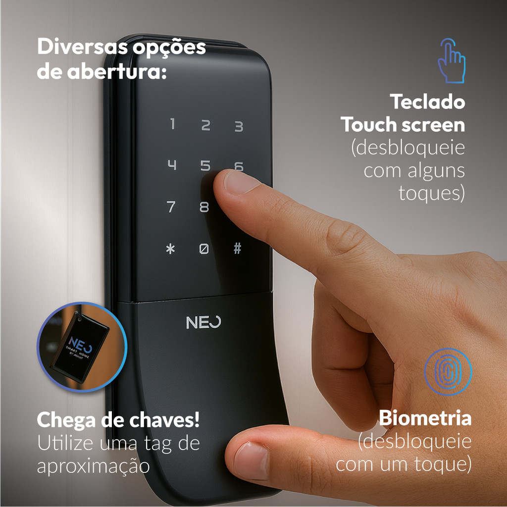 Fechadura inteligente Eletrônica Stark Digital Sobrepor Biometria Senha Tag Wi-fi Preto Neo Avant