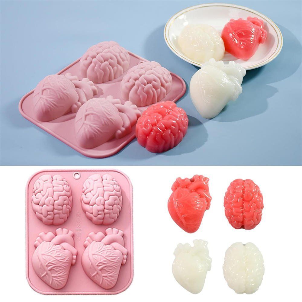 Moldes de Silicone para Coração e Cérebro Humano, 4 Cavidades, Formas de Órgãos 3D para Halloween, Bandeja de Moldes