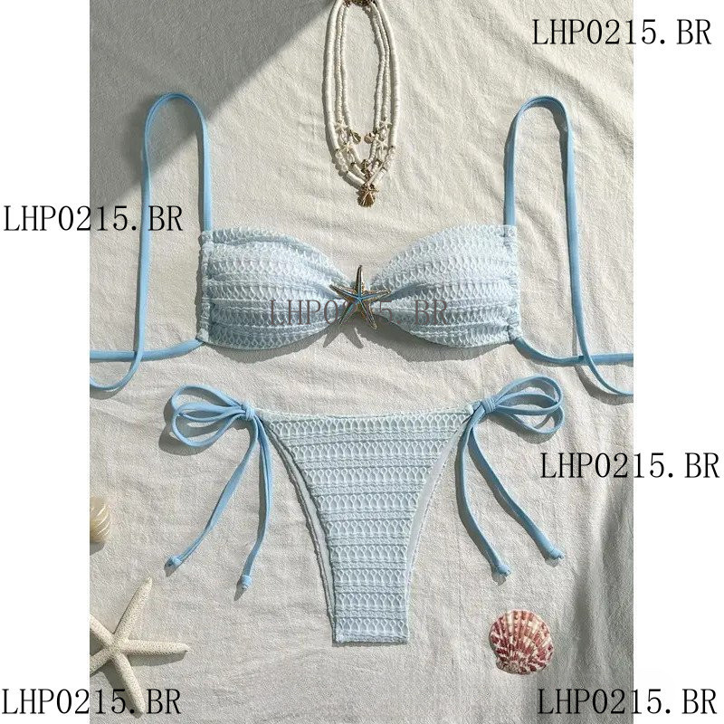 Biquíni Micro Azul Céu Sexy 2026 Mulheres Ornamento de Estrela-do-Mar de Metal Pregueado Push Up Amarrar Lateral Tanga M