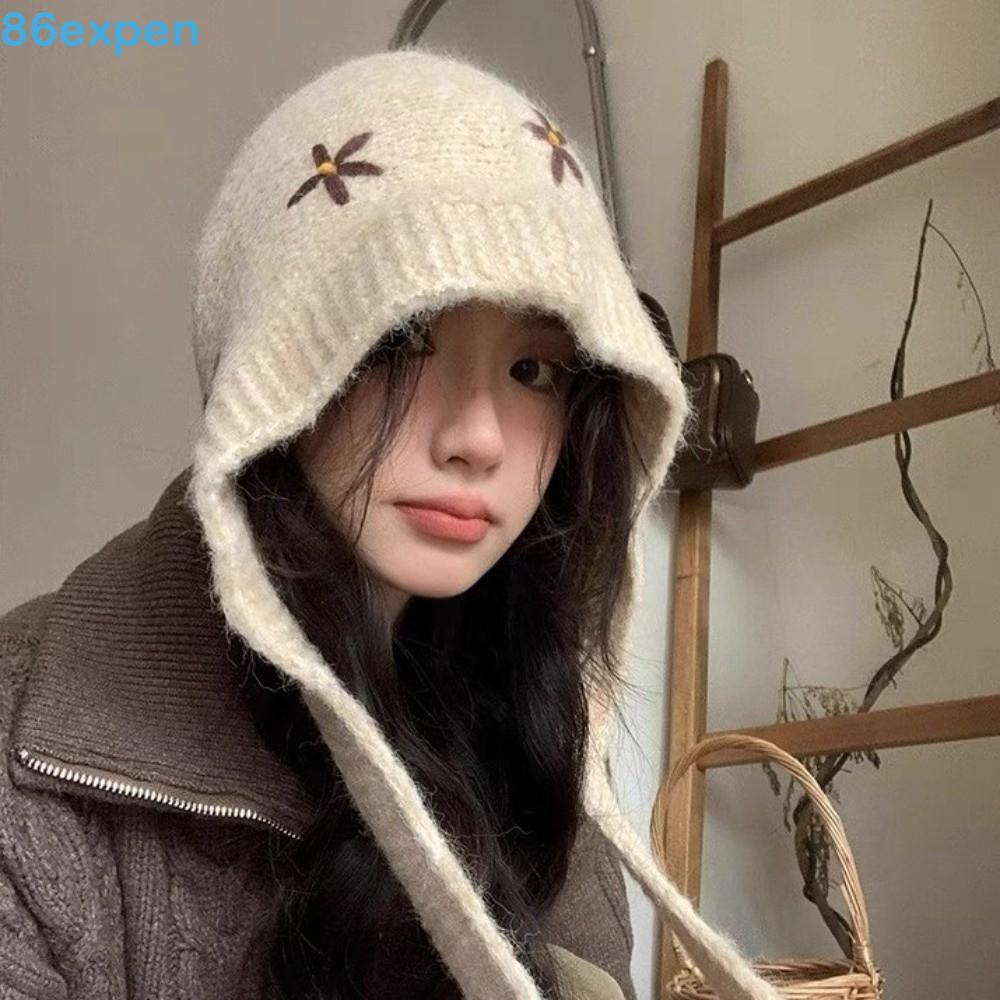 Chapéu Balaclava De Malha EXPEN1 , Gorro Com Gola De Lã Doce , Boné Pulôver À Prova De Frio Flores Bordadas