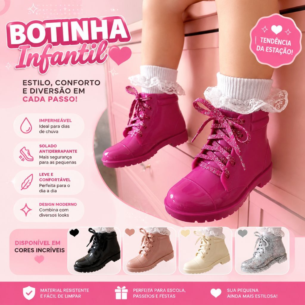 Botinha Infantil Feminina Cano Curto Menina Galocha Brilhante Confortável 21 ao 28