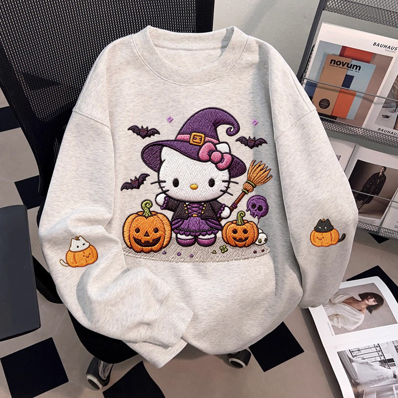Americano Retro olá Kitty imitação bordado impresso puro algodão de manga comprida camiseta das mulheres dos homens outo