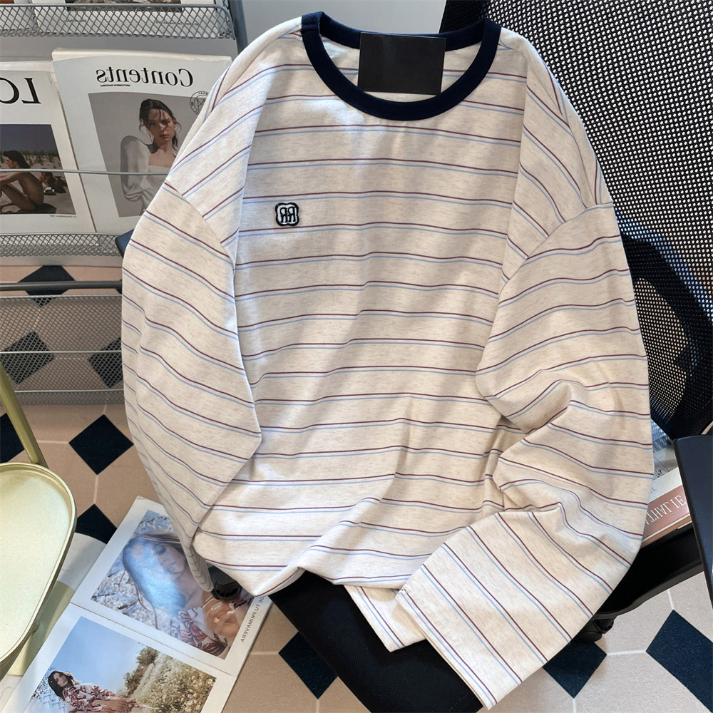 Estilo coreano preguiçoso solto listrado bordado de manga comprida camiseta das mulheres dos homens primavera outono Ret