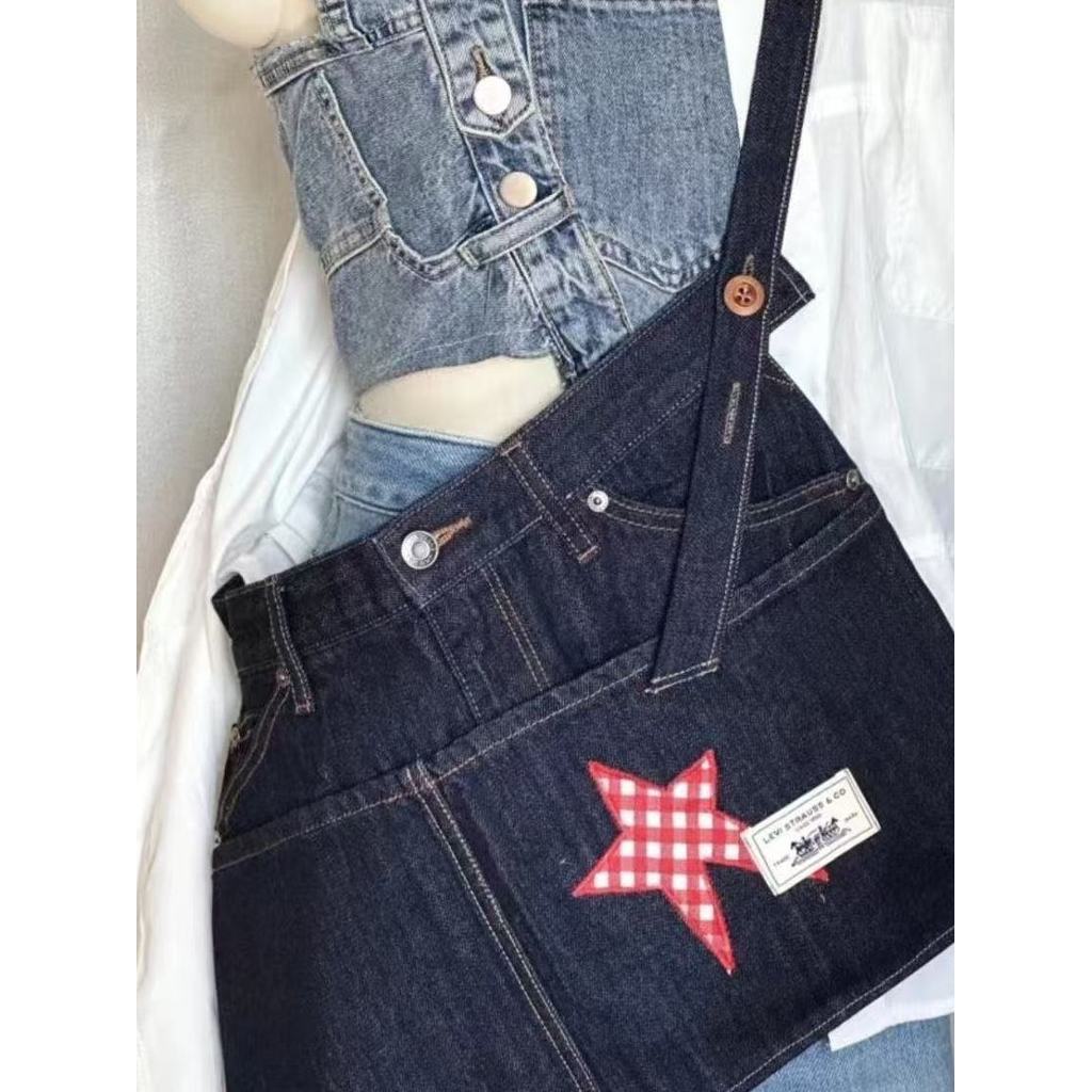 Bolsa de avental retrô de cor lavada/Jeans estilo Millennium bolsa de avental Jeans