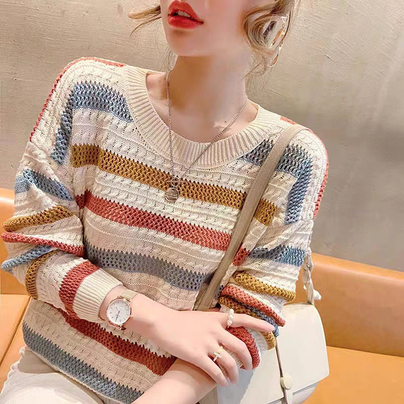 Camisola listrada feminina outono inverno 2026 solto contraste cor morcego camisa superior arco-íris tira manga longa oc