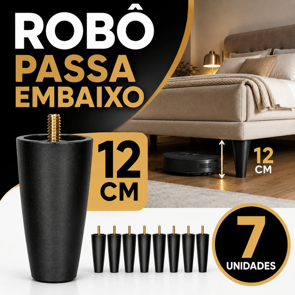 Pé Cônico Preto 12cm Cama Box Design Cônico Reforçado Firme Não Balança Alta Resistência 12 Unidades