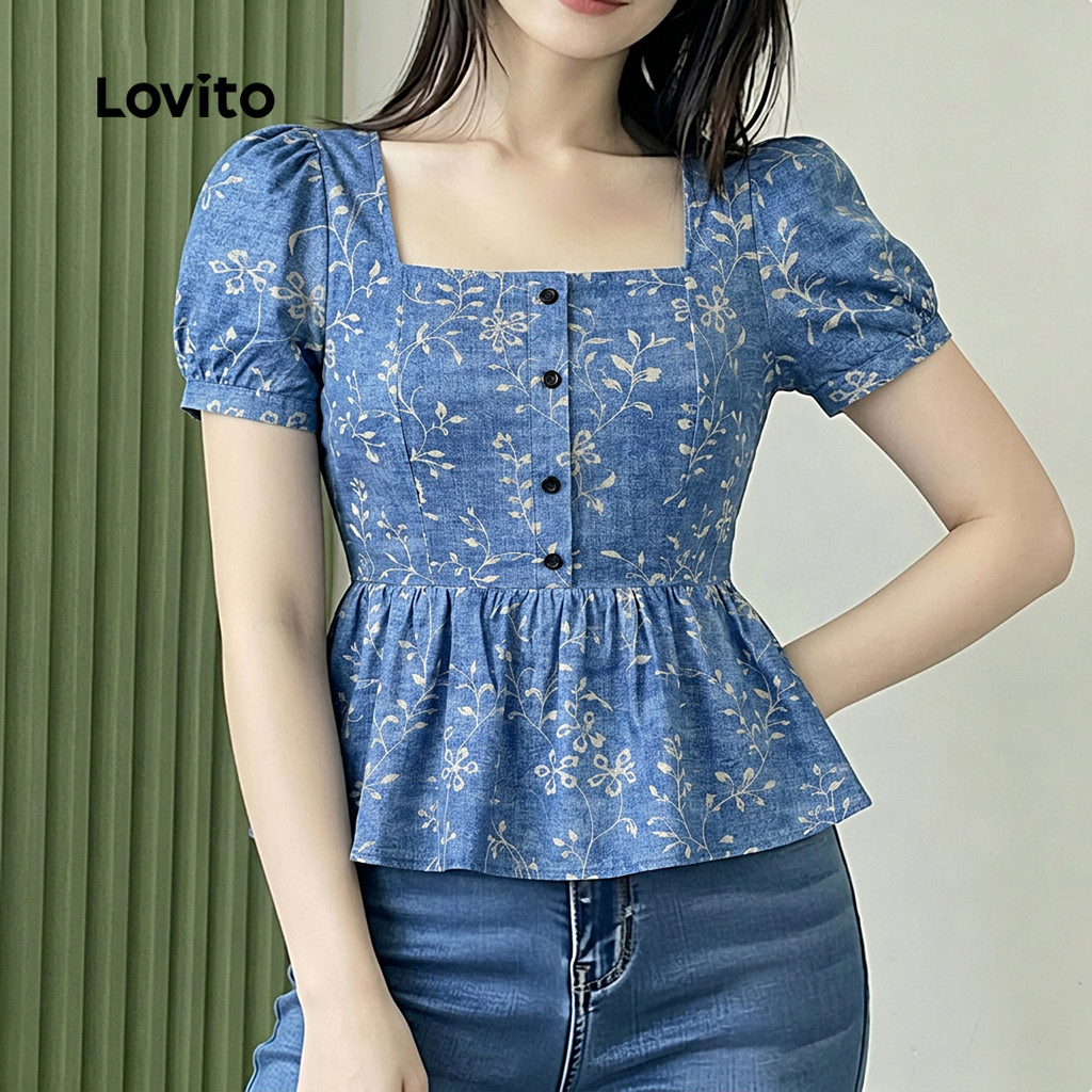 Lovito Blusa Azul de Primavera/verão Elegante com Padrão Plissado para Mulheres LK6ED219 · foto 2