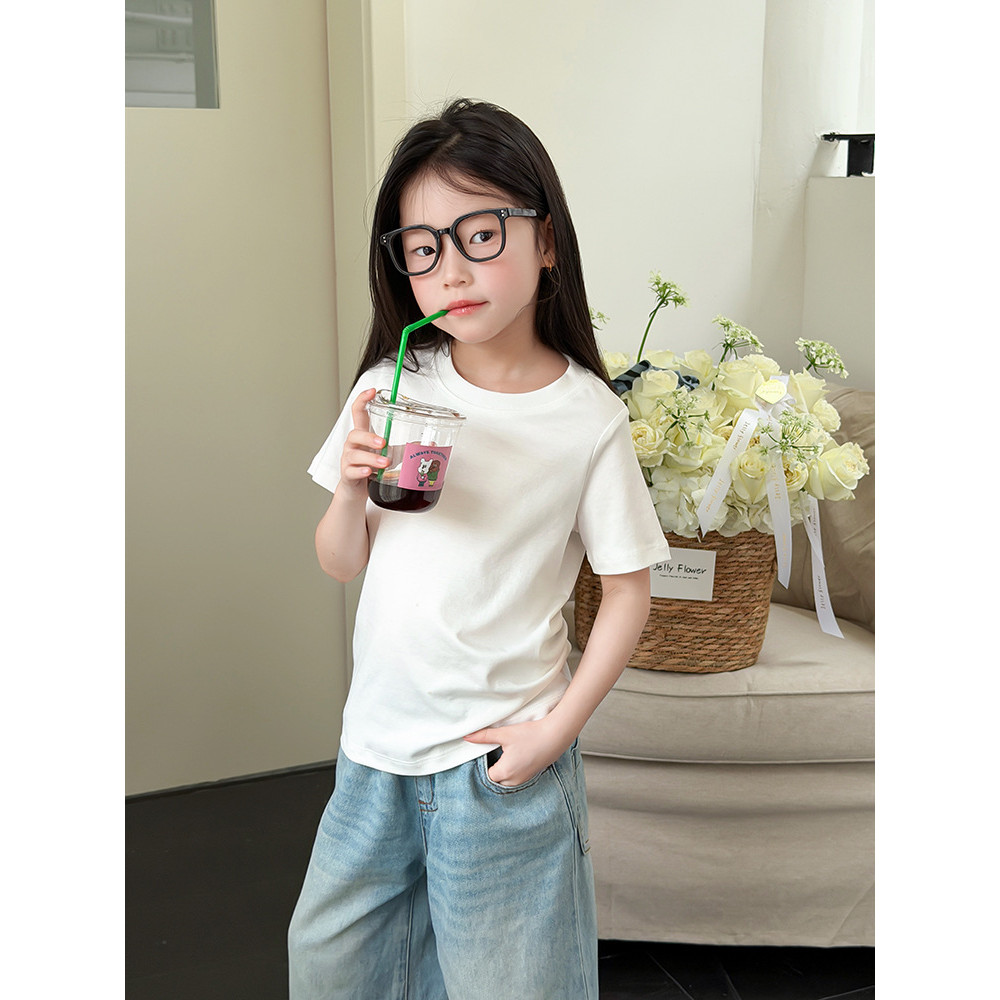 Beifu beifu crianças roupas de verão algodão básico manga curta camiseta meninas versão coreana simples All-Match costur