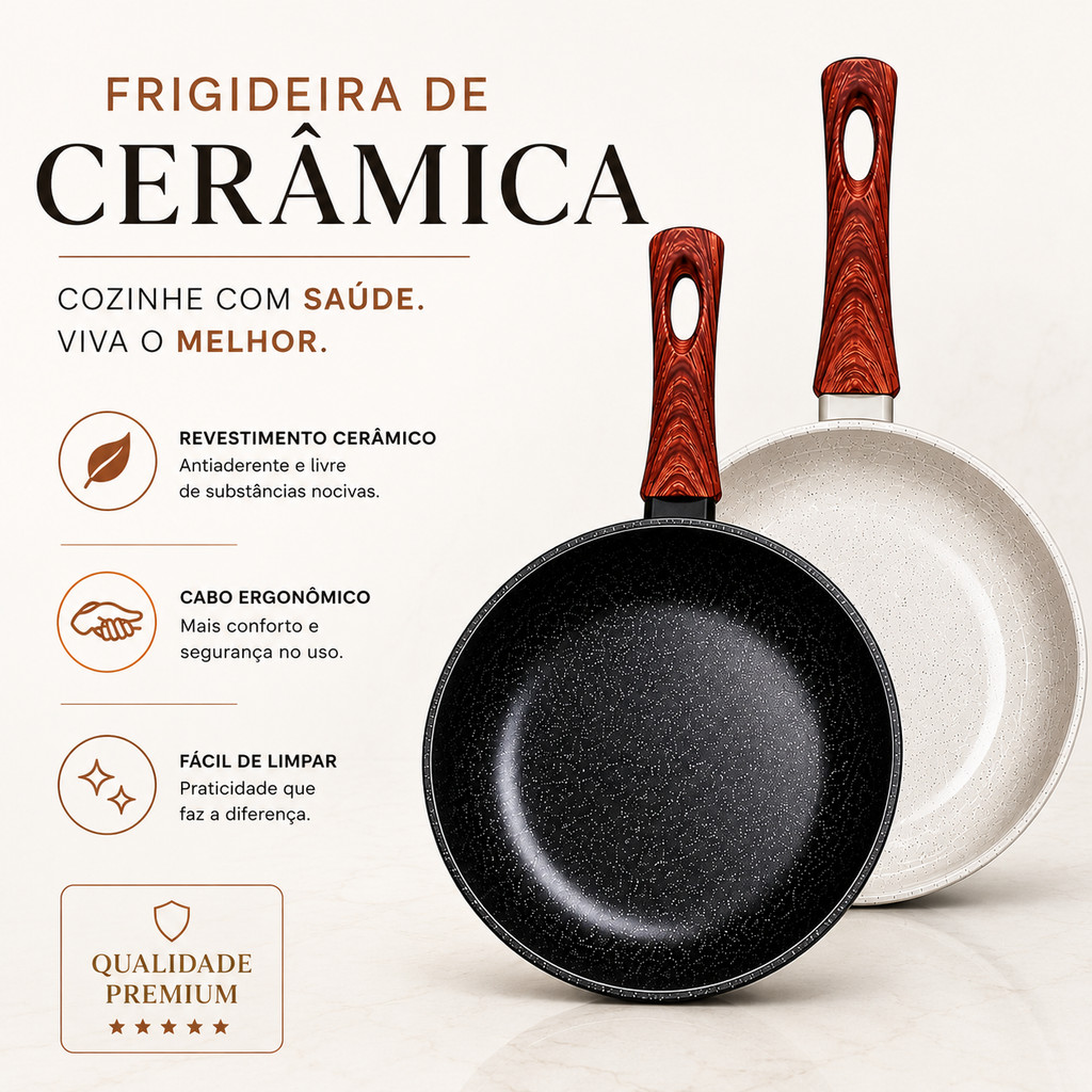 Frigideira Antiaderente Cerâmica Fogão Cooktop 26 cm Indução Gás Ovo Carne Tapioca