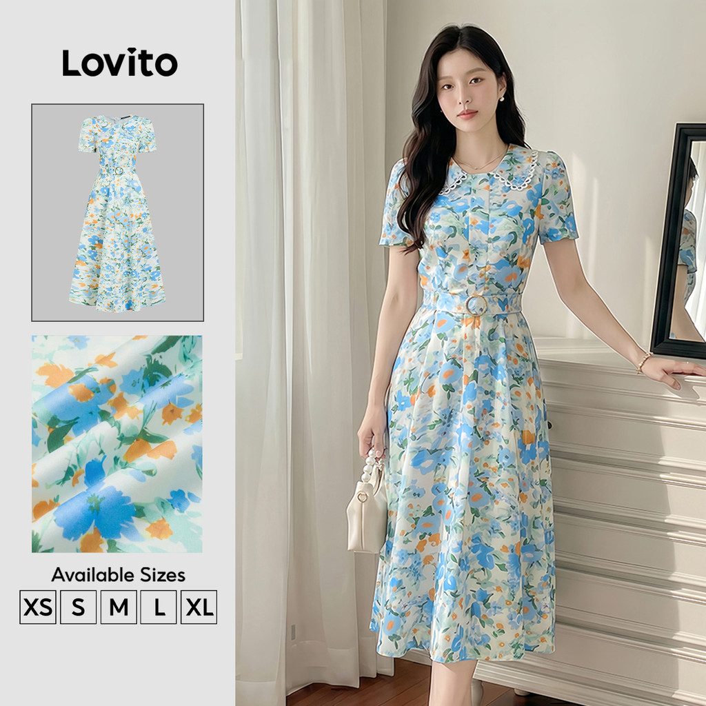 Lovito Elegante Padrão de Vestido Vestido de Renda com Cinto para Primavera/verão para Mulheres Bordado L177ED253