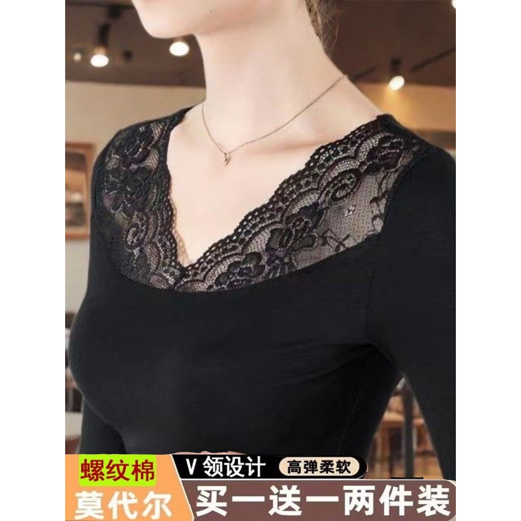 Modal rosqueado algodão com decote em V manga comprida renda camisa de fundo feminina primavera outono estilo ocidental 