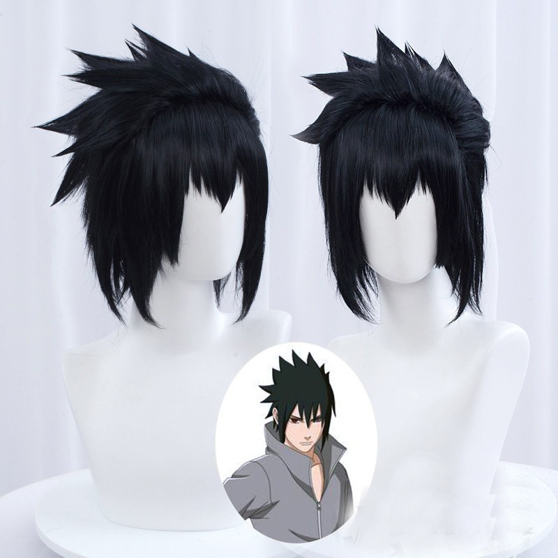 Peruca Curta Preta Masculina para Cosplay Sasuke Uchiha Anime Sintética Resistente ao Calor + Touca de Peruca Grátis