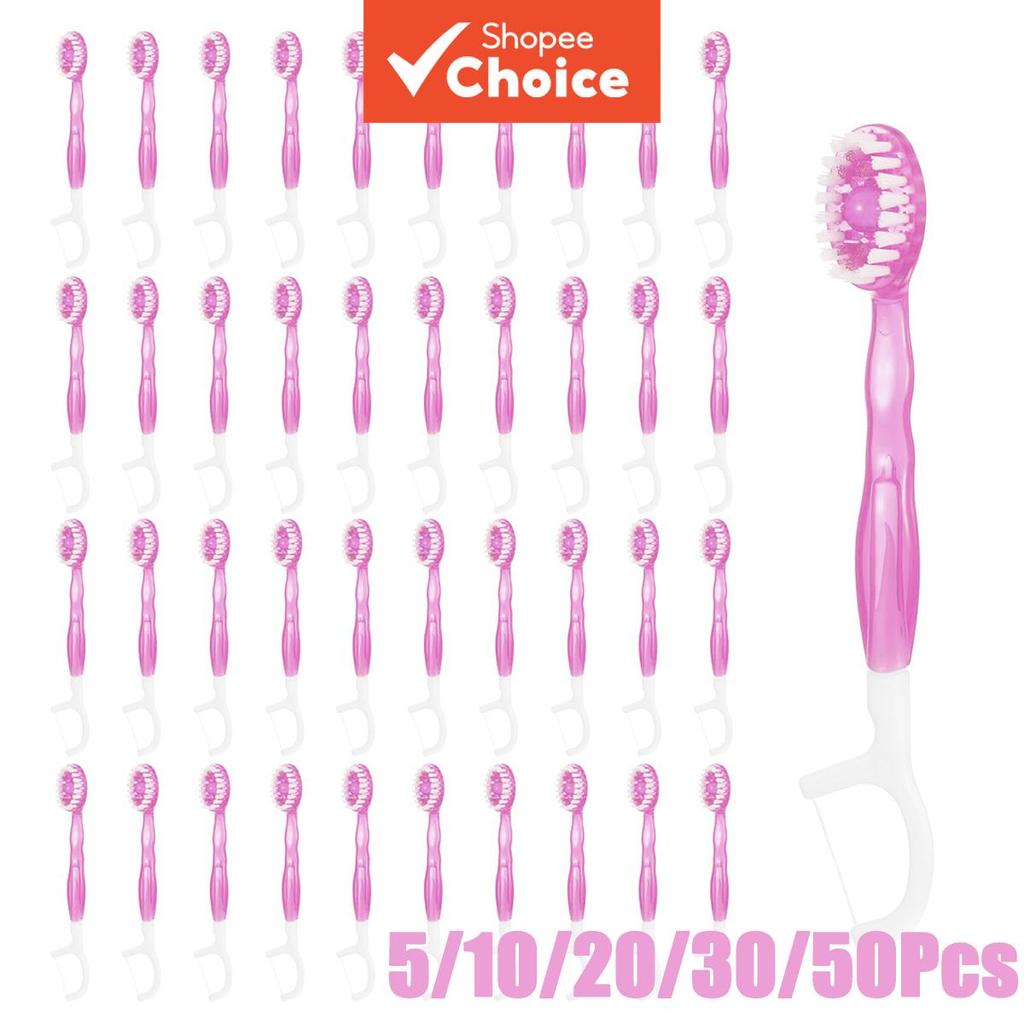 Escova de dentes de viagem descartável 5 em 1 com fio dental e limpador de língua, kit com 50 unidades