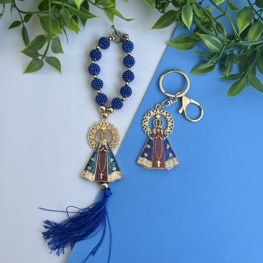 Chaveiro + Terço Dezena de Nossa Senhora Aparecida Azul Meio Marrom com Mosquetão e fecho para Carro