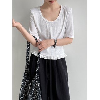 Branco u-pescoço genuíno ombro curto babados de manga curta camiseta feminina rua chique linda camisa pequena doce Tits 