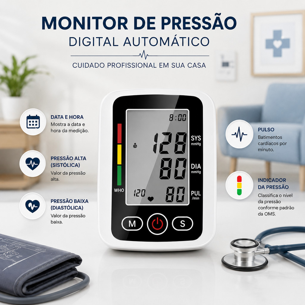 Monitor de Pressão Arterial de Braço Digital Automático Recarregável via USB com Tela Grande e Leitura Fácil para Idosos