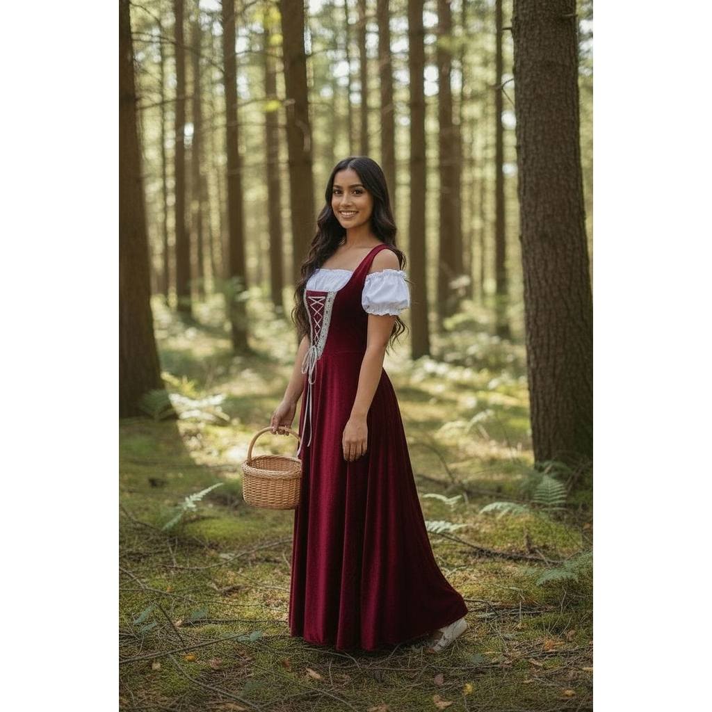 Vestido Medieval camponesa bordo com blusa ciganinha