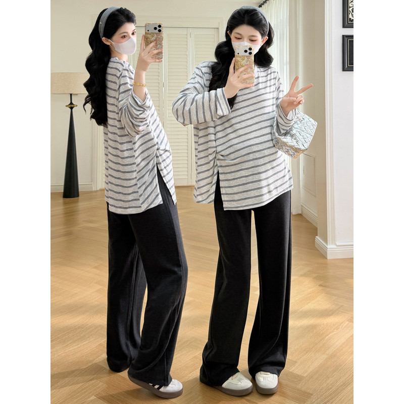 Roupa de maternidade 2026 novo estilo primavera topos estilo preguiçoso listrado manga comprida camiseta feminina capa s