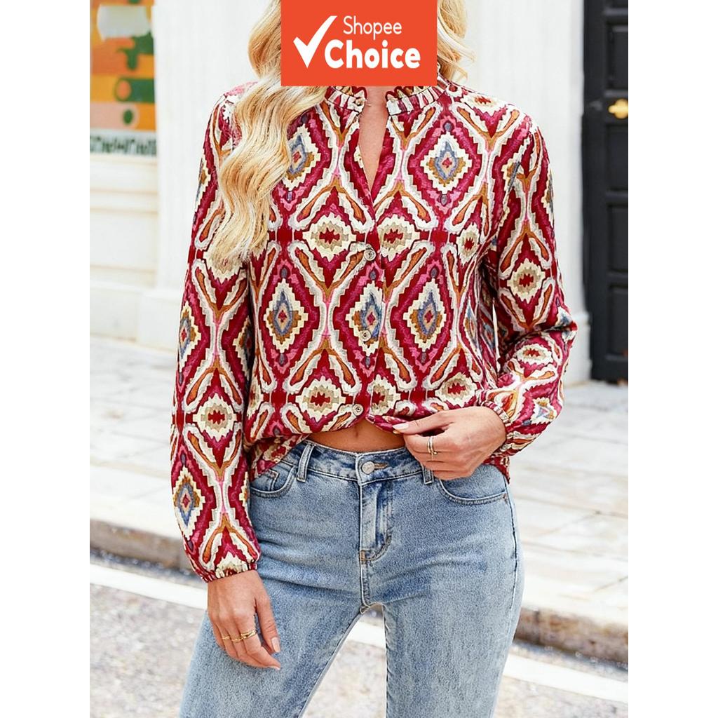 Blusa Feminina Vermelha Étnica Com Estampa Geométrica | City Casual Daily Wear Top De Manga Comprida Camisa Boho Solta E