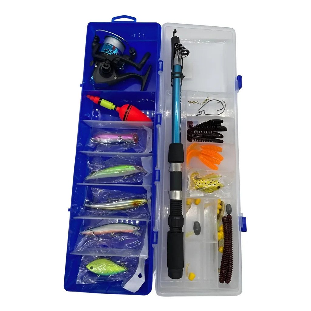 Kit Pesca Água Doce Vara Telescópica 1.5m Fibra Carbono Cmik Com Molinete Azul