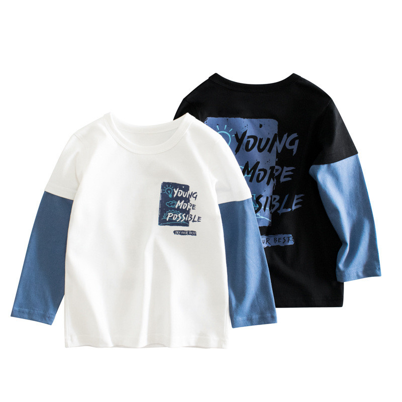 Crianças camiseta de manga comprida primavera versão coreana 2026 novo produto Casual falso de duas peças impresso menin