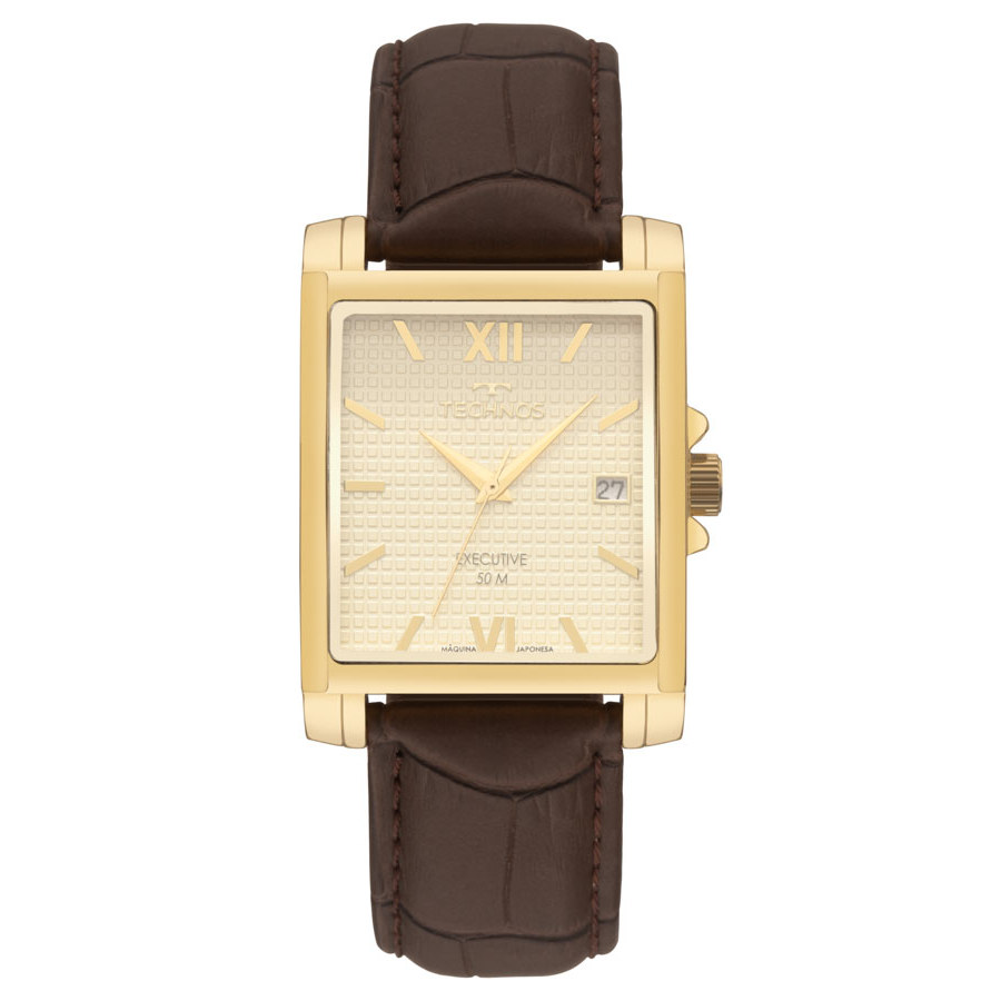 Relogio Technos Feminino Dourado quadrado grande pulseira couro social calendario algarismo romano 2115UDG/0X original