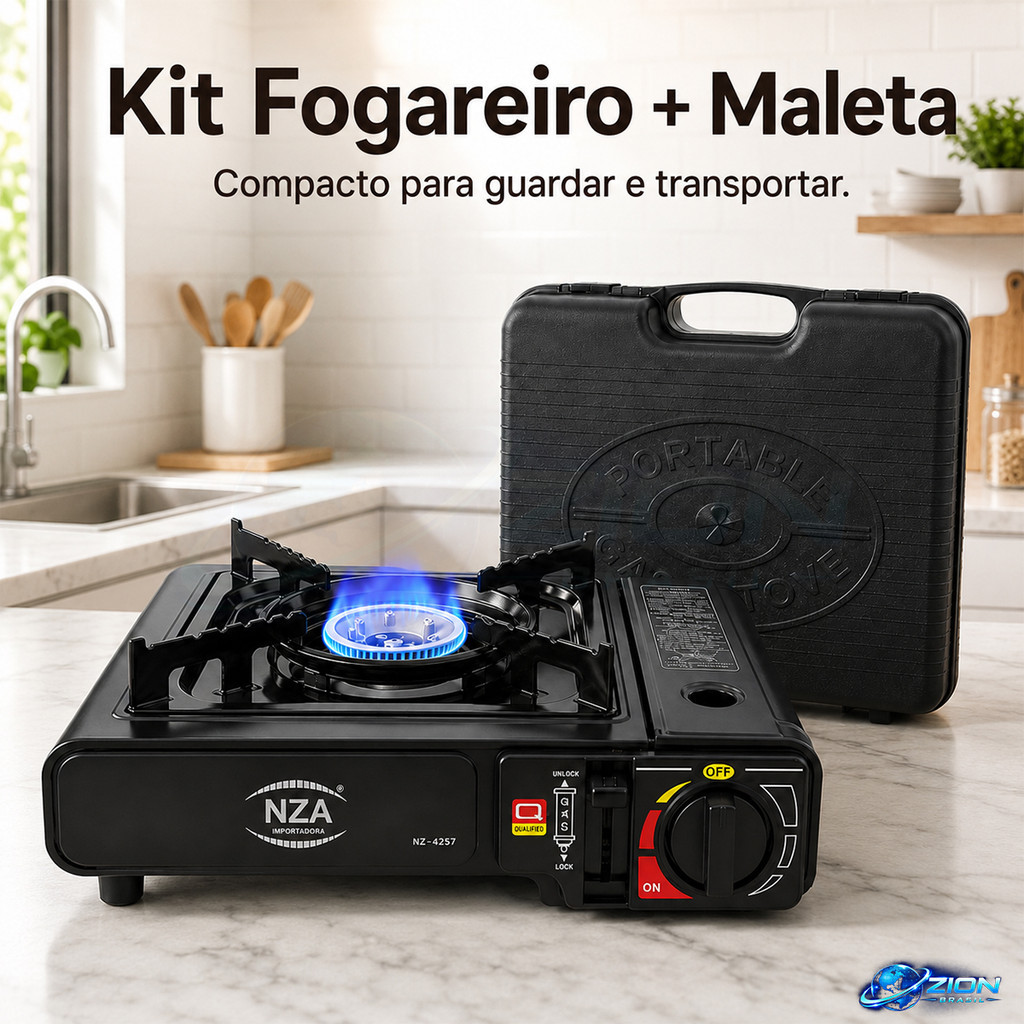 Fogareiro Camping Portátil Com Maleta 1 Boca Compacto Para Acampamento Pesca Praia Sítio Ou Varanda NZA