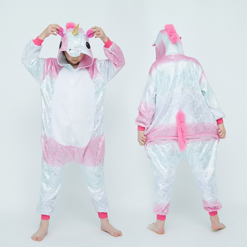 Pijama Infantil De Lantejoulas Unicórnio , Fantasia De Cosplay De Animal Gradiente De Prata Rosa Brilhante , Flanela Com