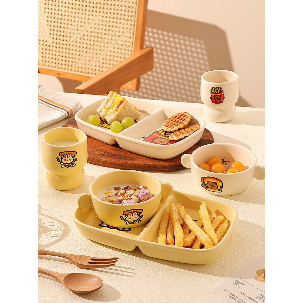 Prato de café da manhã Prato de compartimento de alto valor Prato de arroz infantil Cerâmica Talheres para comida para u