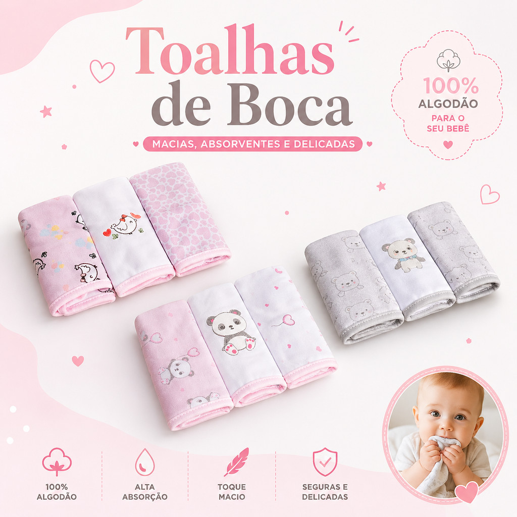 Toalhinha de Boca Bebê Soft Malha Algodão Kit C/3 Bublim