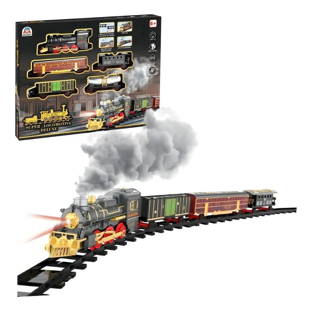 Super Locomotiva Deluxe Faz Fumaça Som Luz Ferrorama Braskit
