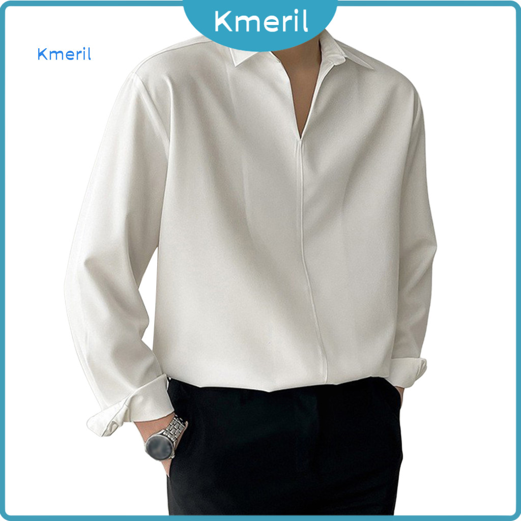 Men Regular Fit Shirt Solid Color Men's Spring Autumn V Neck Lapel Silky Loose Formal Office Pullover Business Casual Lo