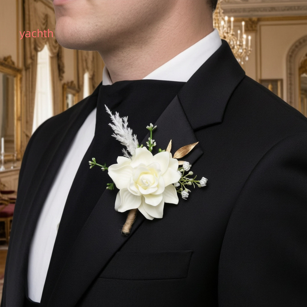 Lightweight Floral Corsage Simulated Rose Men's Brooch Compact Forest Style Suit Pin with Green Leaves Vine Accessory fo