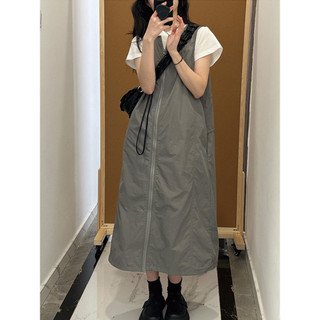 Estilo americano cinza ferramentas estilo funcional colete saia feminina Plus Size gordura mm mais magro olhar vestido D