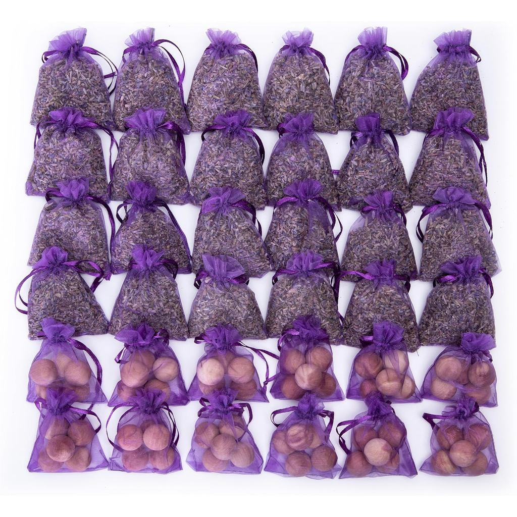 Pacote com 36 Saquinhos de Lavanda e Cedro - 24 de Lavanda, 12 de Cedro para Armário, Gaveta, Cômoda, Guarda-Roupa e Mai