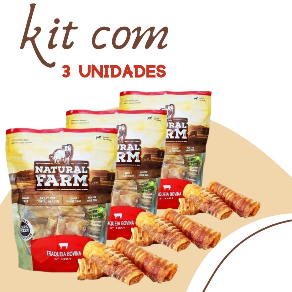 Kit 3 Natural Farm Traqueia Bovina Para Cães Filhotes Anti Stress com 12 Pedaços