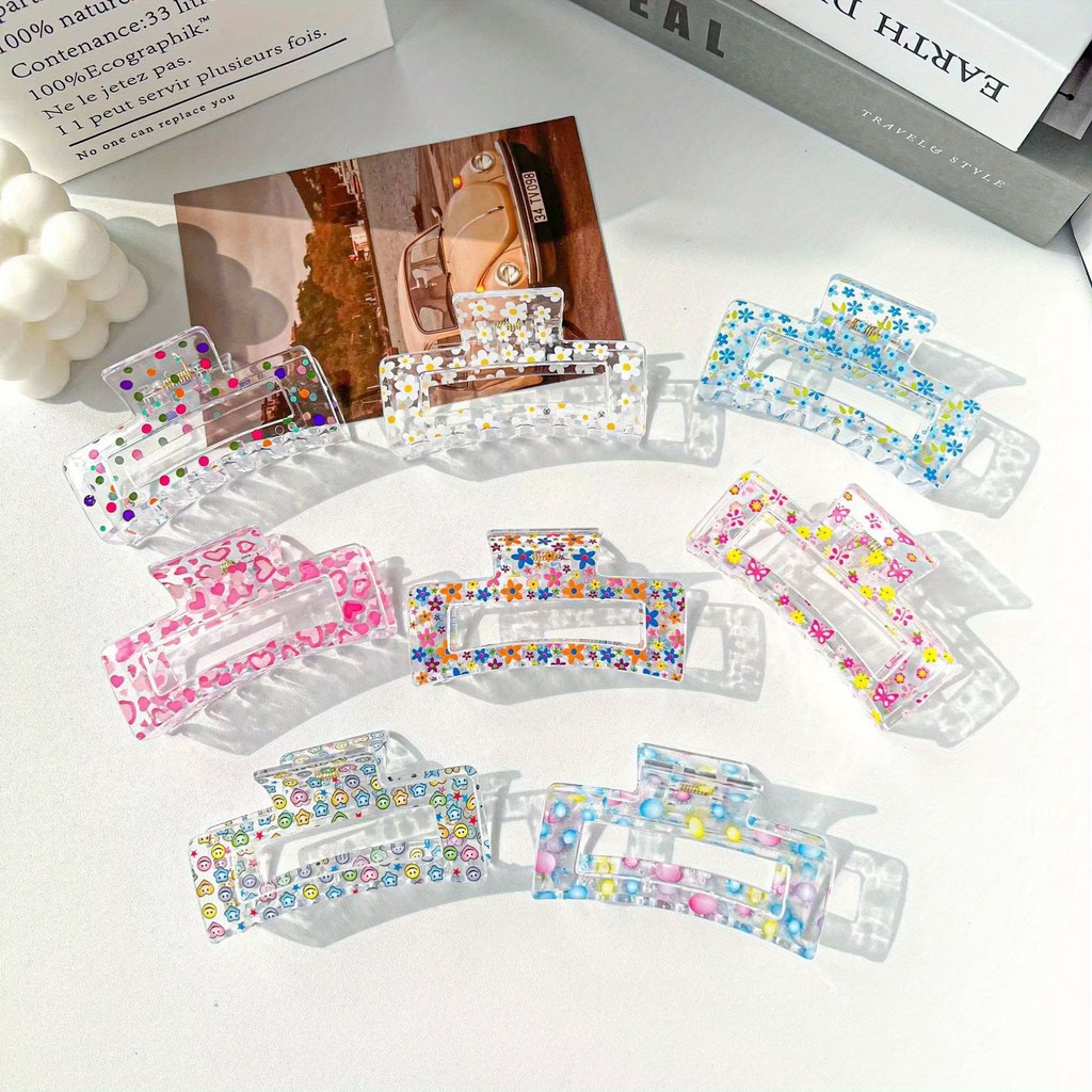 Verão Pequeno Fresco Transparente Impressão Fruta floral Tubarão Clipe De Cabelo Cabeça Traseira Quadrado grab clip Jóia